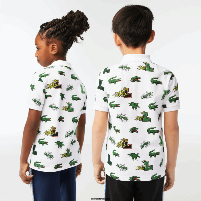 niños Lacoste 6F242956 blanco 001 playera tipo polo con estampado de cocodrilo