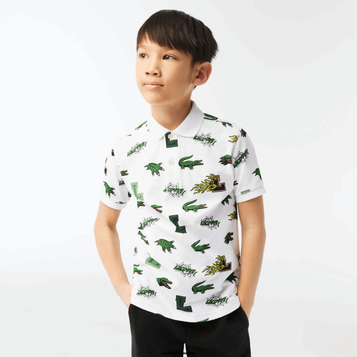 niños Lacoste 6F242956 blanco 001 playera tipo polo con estampado de cocodrilo