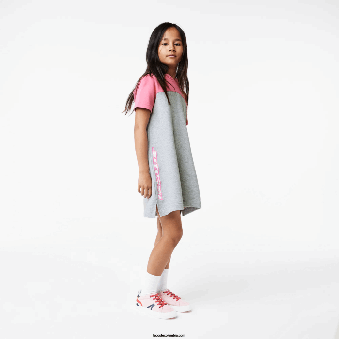 chicas Lacoste 6F243079 gris chino rosa ew1 vestido colorblock con capucha de algodón orgánico chicas Lacoste 6F243079 gris chino rosa ew1 vestido colorblock con capucha de algodón orgánico