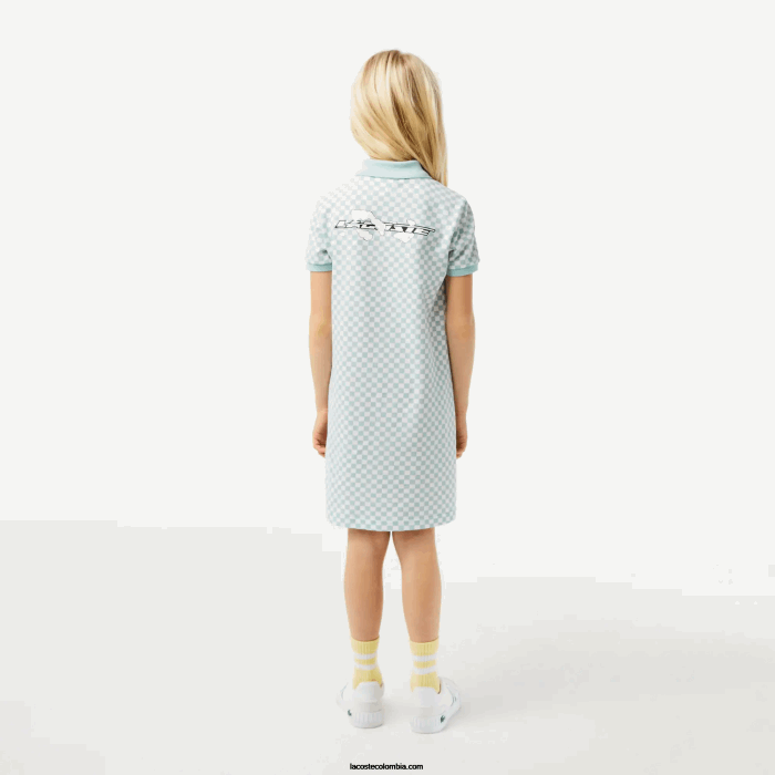 chicas Lacoste 6F243092 verde claro blanco dj3 vestido polo de algodón orgánico con estampado de cuadros