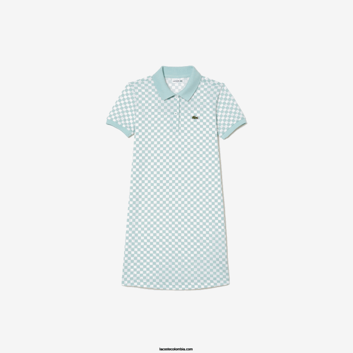 chicas Lacoste 6F243092 verde claro blanco dj3 vestido polo de algodón orgánico con estampado de cuadros
