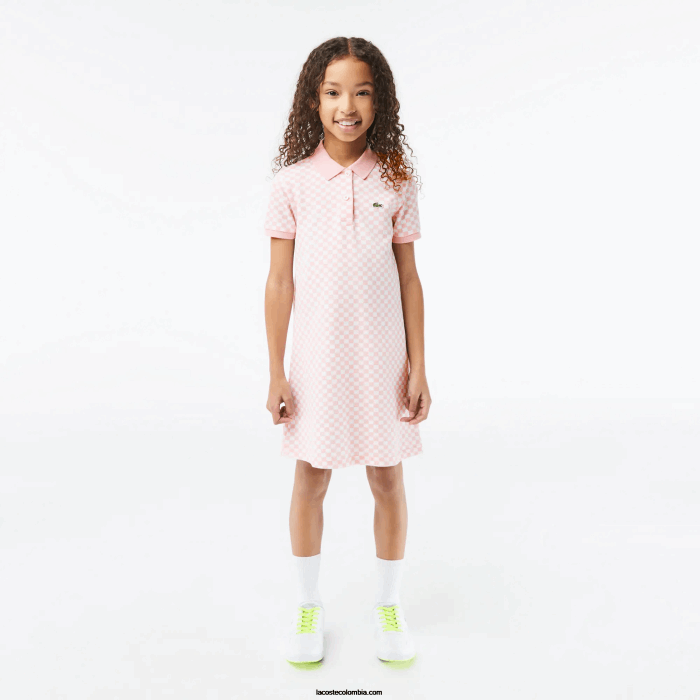 chicas Lacoste 6F243093 rosa blanco nw5 vestido polo de algodón orgánico con estampado de cuadros chicas Lacoste 6F243093 rosa blanco nw5 vestido polo de algodón orgánico con estampado de cuadros