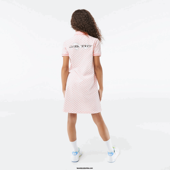 chicas Lacoste 6F243093 rosa blanco nw5 vestido polo de algodón orgánico con estampado de cuadros