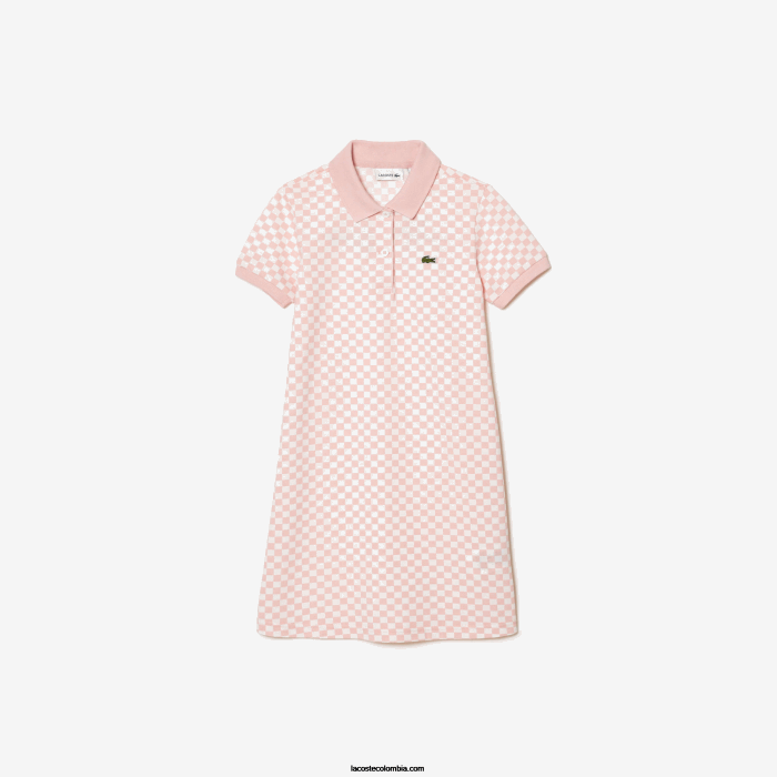 chicas Lacoste 6F243093 rosa blanco nw5 vestido polo de algodón orgánico con estampado de cuadros