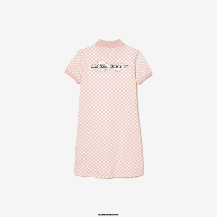 chicas Lacoste 6F243093 rosa blanco nw5 vestido polo de algodón orgánico con estampado de cuadros