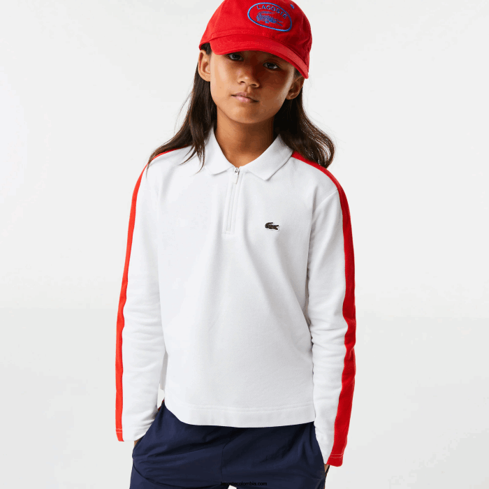 chicas Lacoste 6F243144 blanco rojo 7hu polo con cremallera y banda en contraste chicas Lacoste 6F243144 blanco rojo 7hu polo con cremallera y banda en contraste