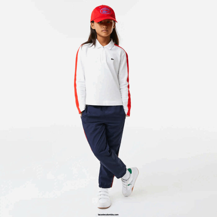 chicas Lacoste 6F243144 blanco rojo 7hu polo con cremallera y banda en contraste