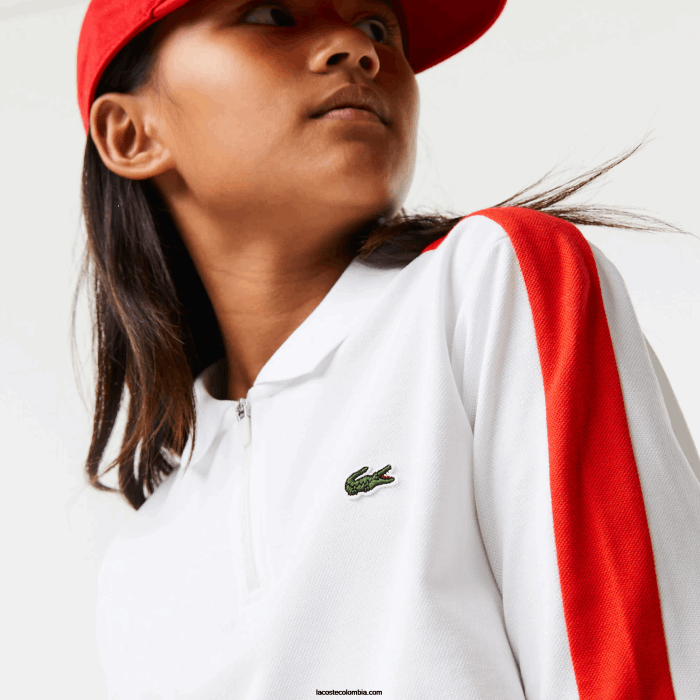 chicas Lacoste 6F243144 blanco rojo 7hu polo con cremallera y banda en contraste