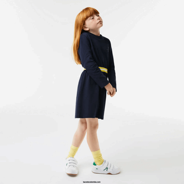 chicas Lacoste 6F243270 azul marino 166 vestido de punto de algodón con cintura en contraste