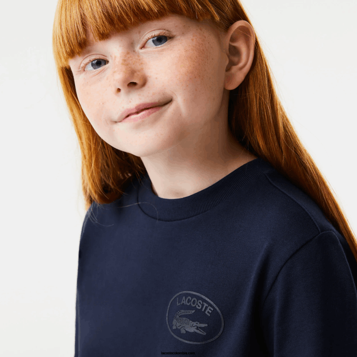 chicas Lacoste 6F243270 azul marino 166 vestido de punto de algodón con cintura en contraste