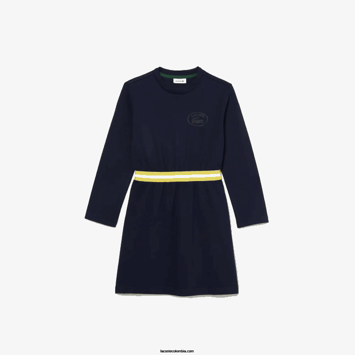 chicas Lacoste 6F243270 azul marino 166 vestido de punto de algodón con cintura en contraste