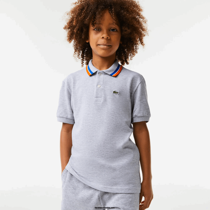 Niños Lacoste 6F242953 gris chino blanco w9d polo de petit piqué de algodón con cuello tricolor