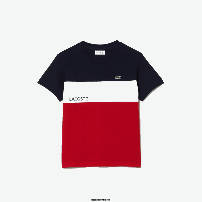 Niños Lacoste 6F243180 azul marino blanco rojo ley camiseta con diseño colour block Niños Lacoste 6F243180 azul marino blanco rojo ley camiseta con diseño colour block
