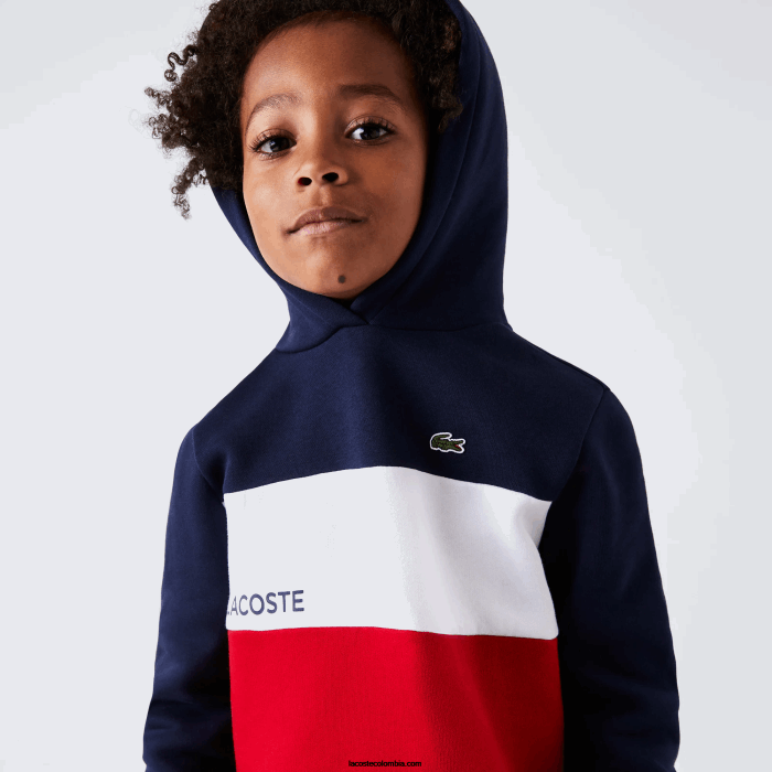 Niños Lacoste 6F243208 azul marino blanco rojo ley sudadera con capucha y diseño colour block