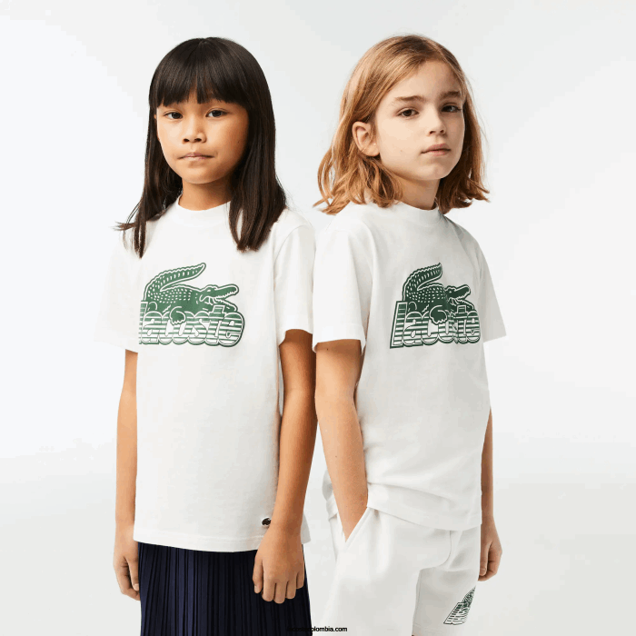 niños Lacoste 6F243006 blanco 70v playera de algodón orgánico con estampado en contraste
