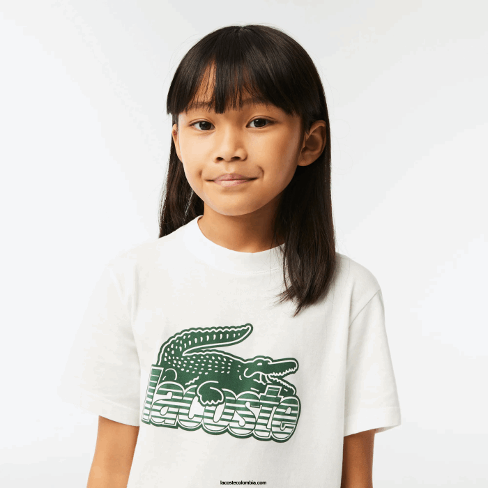 niños Lacoste 6F243006 blanco 70v playera de algodón orgánico con estampado en contraste