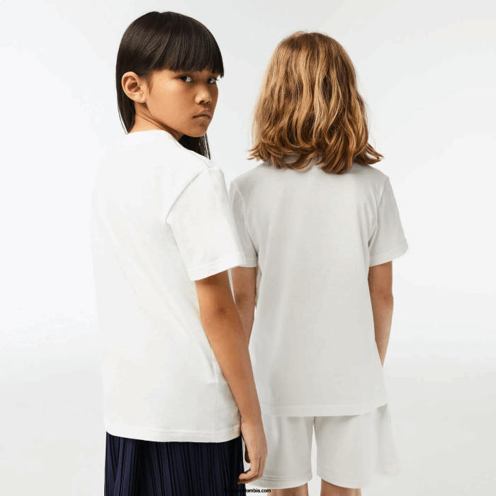 niños Lacoste 6F243006 blanco 70v playera de algodón orgánico con estampado en contraste