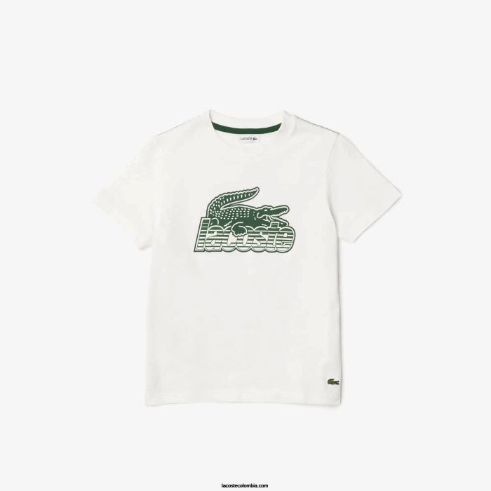 niños Lacoste 6F243006 blanco 70v playera de algodón orgánico con estampado en contraste