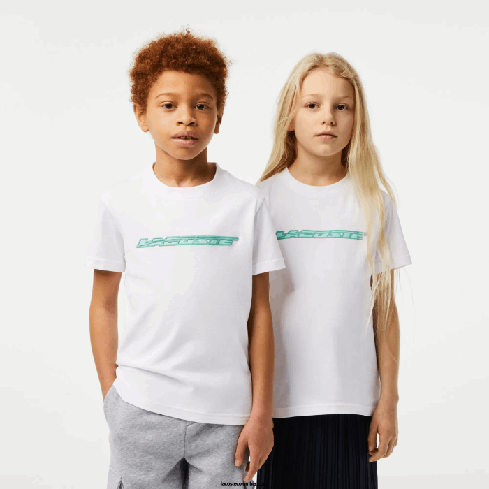 niños Lacoste 6F243014 blanco 001 camiseta de punto de algodón con marca en contraste
