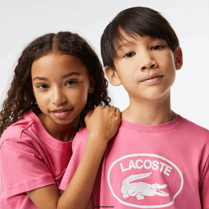 niños Lacoste 6F243029 rosa 2r3 playera de punto de algodón con logo en contraste