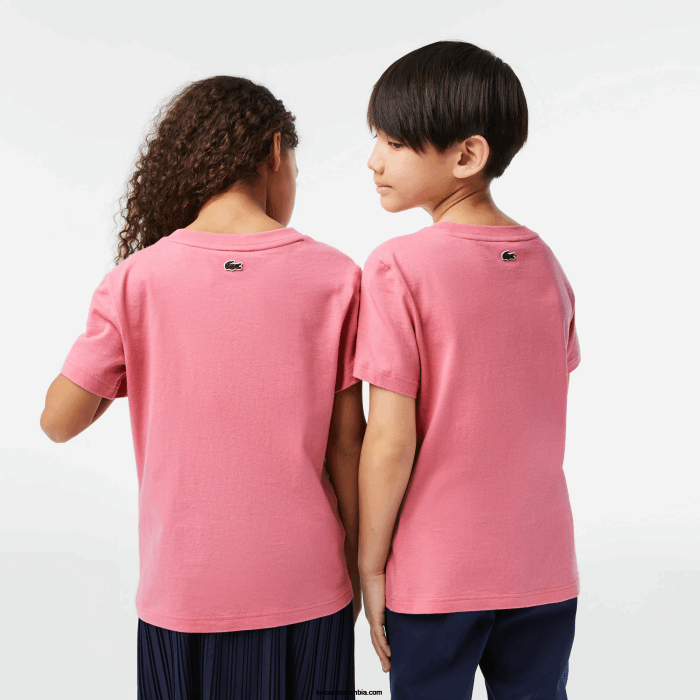 niños Lacoste 6F243029 rosa 2r3 playera de punto de algodón con logo en contraste