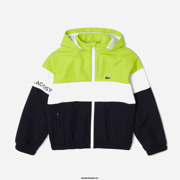 niños Lacoste 6F243054 azul marino blanco amarillo erv chaqueta con capucha y cremallera de poliéster reciclado