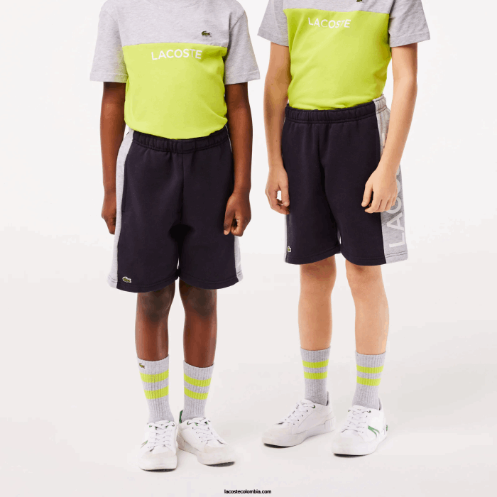 niños Lacoste 6F243089 azul marino gris chino e6a shorts de algodón orgánico con rayas de colores