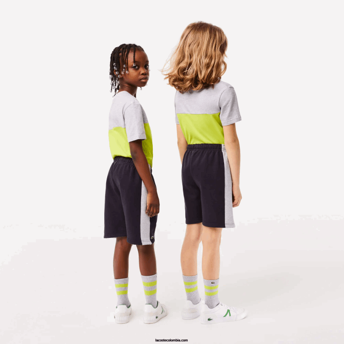 niños Lacoste 6F243089 azul marino gris chino e6a shorts de algodón orgánico con rayas de colores