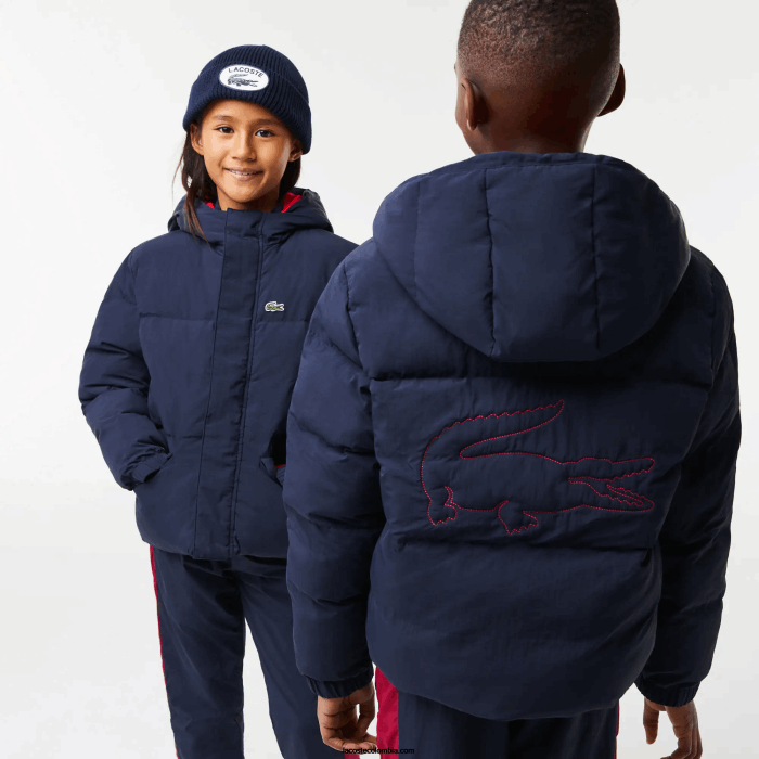 niños Lacoste 6F243221 azul marino rojo 7pe chamarra de tafetán con capucha y bordado de cocodrilo niños Lacoste 6F243221 azul marino rojo 7pe chamarra de tafetán con capucha y bordado de cocodrilo