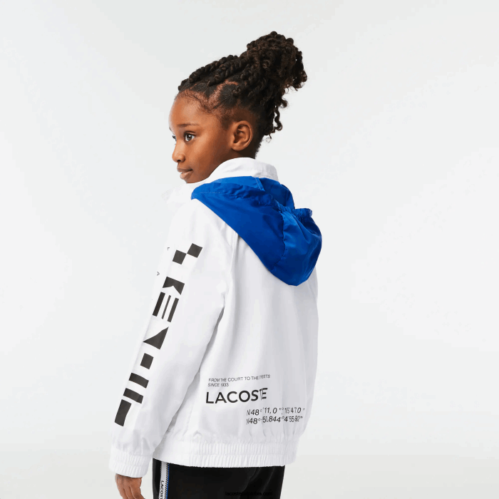 niños Lacoste 6F243240 blanco azul negro 9cw chamarra repelente al agua con capucha removible