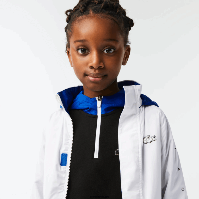 niños Lacoste 6F243240 blanco azul negro 9cw chamarra repelente al agua con capucha removible