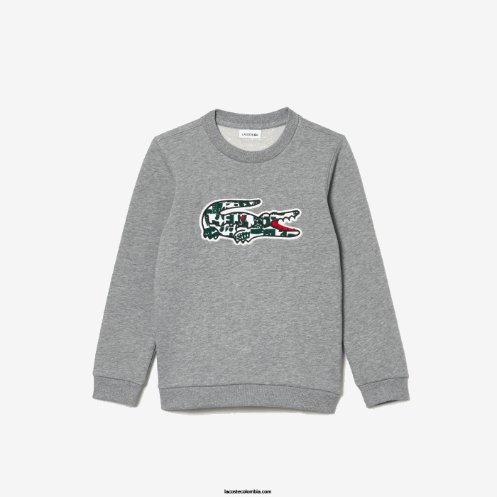 niños Lacoste 6F243255 gris lomo blanco verde jnd sudadera heritage con cuello redondo y cocodrilo