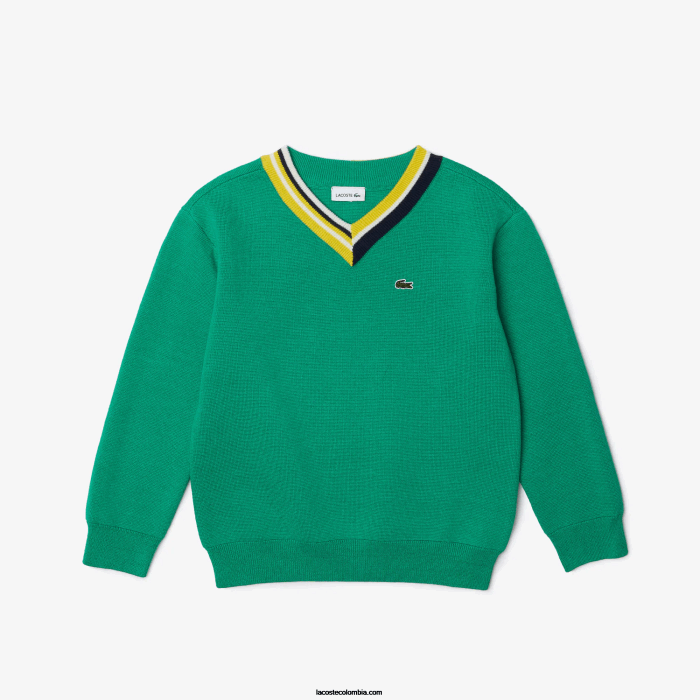 niños Lacoste 6F243283 verde blanco ec1 suéter con rayas en contraste en el cuello niños Lacoste 6F243283 verde blanco ec1 suéter con rayas en contraste en el cuello