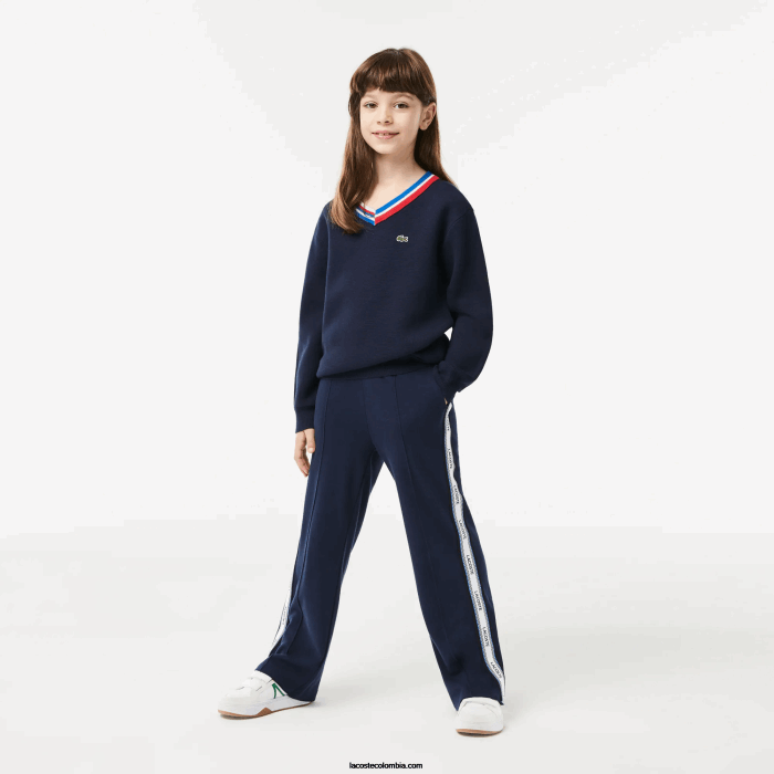 niños Lacoste 6F243284 azul marino blanco qrn suéter con rayas en contraste en el cuello