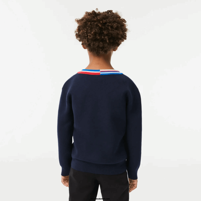 niños Lacoste 6F243284 azul marino blanco qrn suéter con rayas en contraste en el cuello