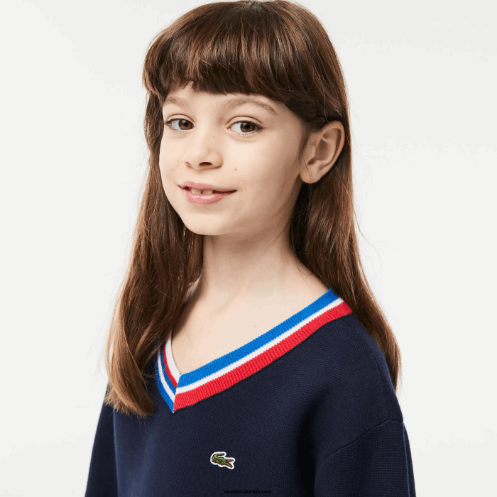 niños Lacoste 6F243284 azul marino blanco qrn suéter con rayas en contraste en el cuello