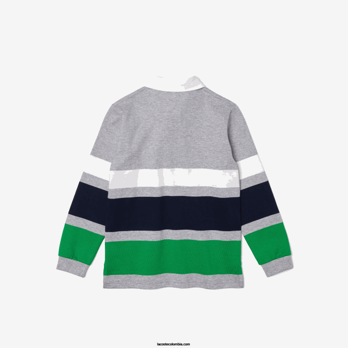 Niños Lacoste 6F243151 gris lomo blanco azul verde pwx polo de corte regular de rugby de algodón a rayas