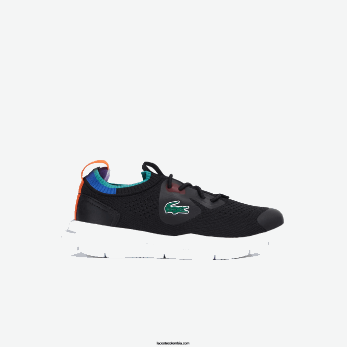 niños Lacoste 6F243298 negro azul 011 tenis run spin knit de tejido en contraste de color